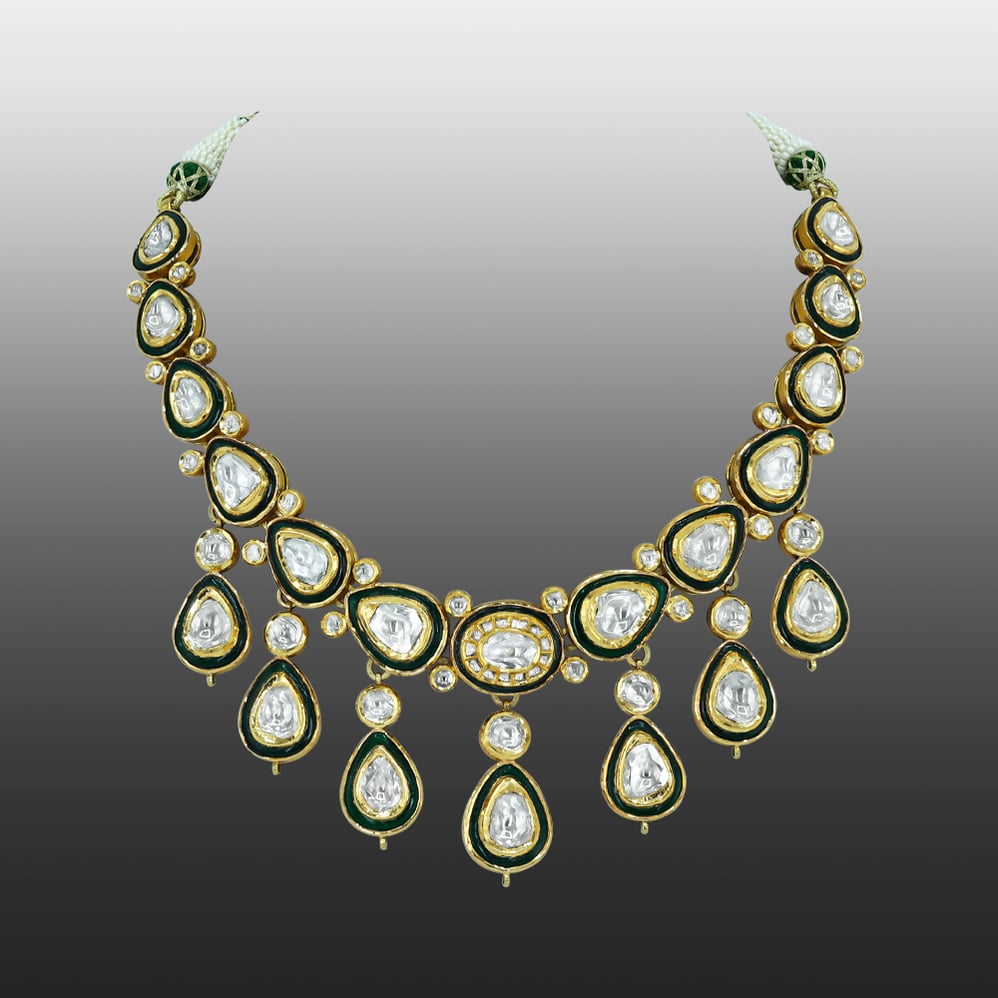 Polki Necklace with Green Enamel Detailing and Bold Design